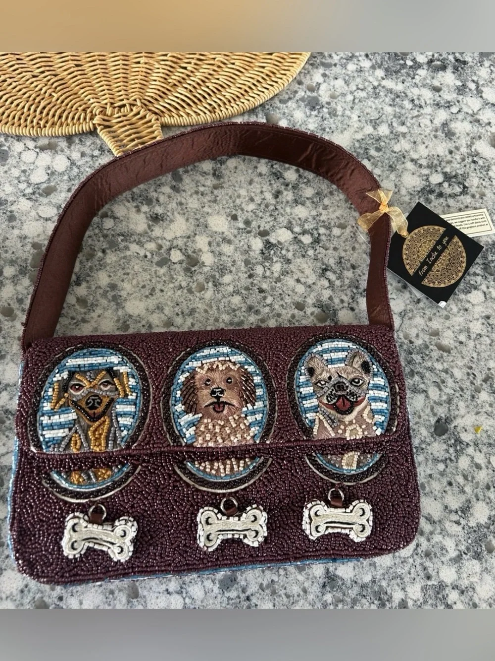 Beaded bag with dogs and bone charms
